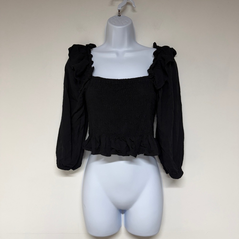 Zara Womens Black Smocked Ruffle Crop Top Size S 3/4 Sleeve Boho Romantic
